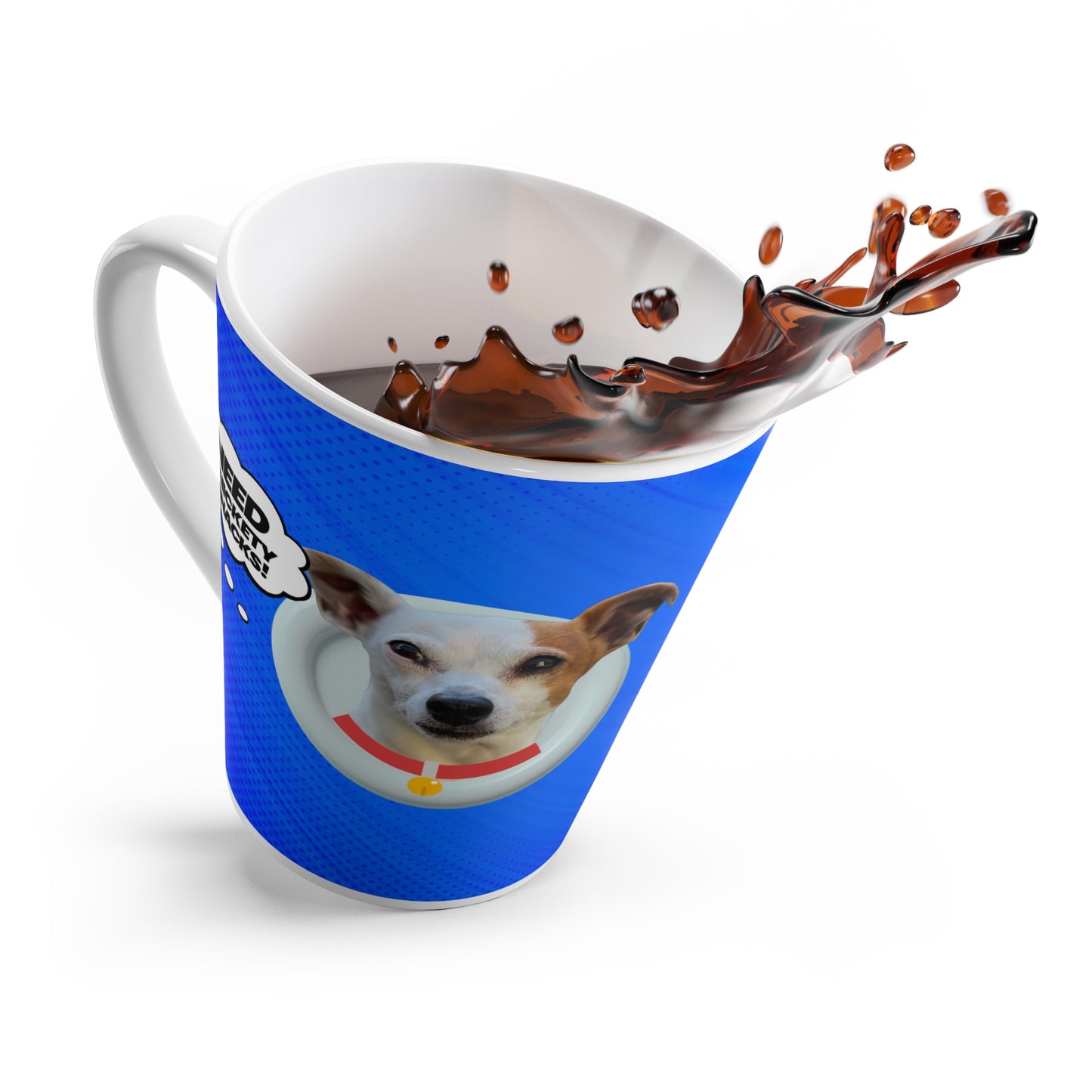 Latte Mug — Cute Dog Comic Design 'I Need Snickety Snacks' Blue Coffee Cup