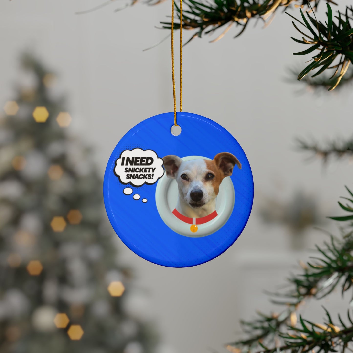 Dog Photo Ceramic Ornament — "I Need Snickety Snacks!" Holiday Pet Keepsake