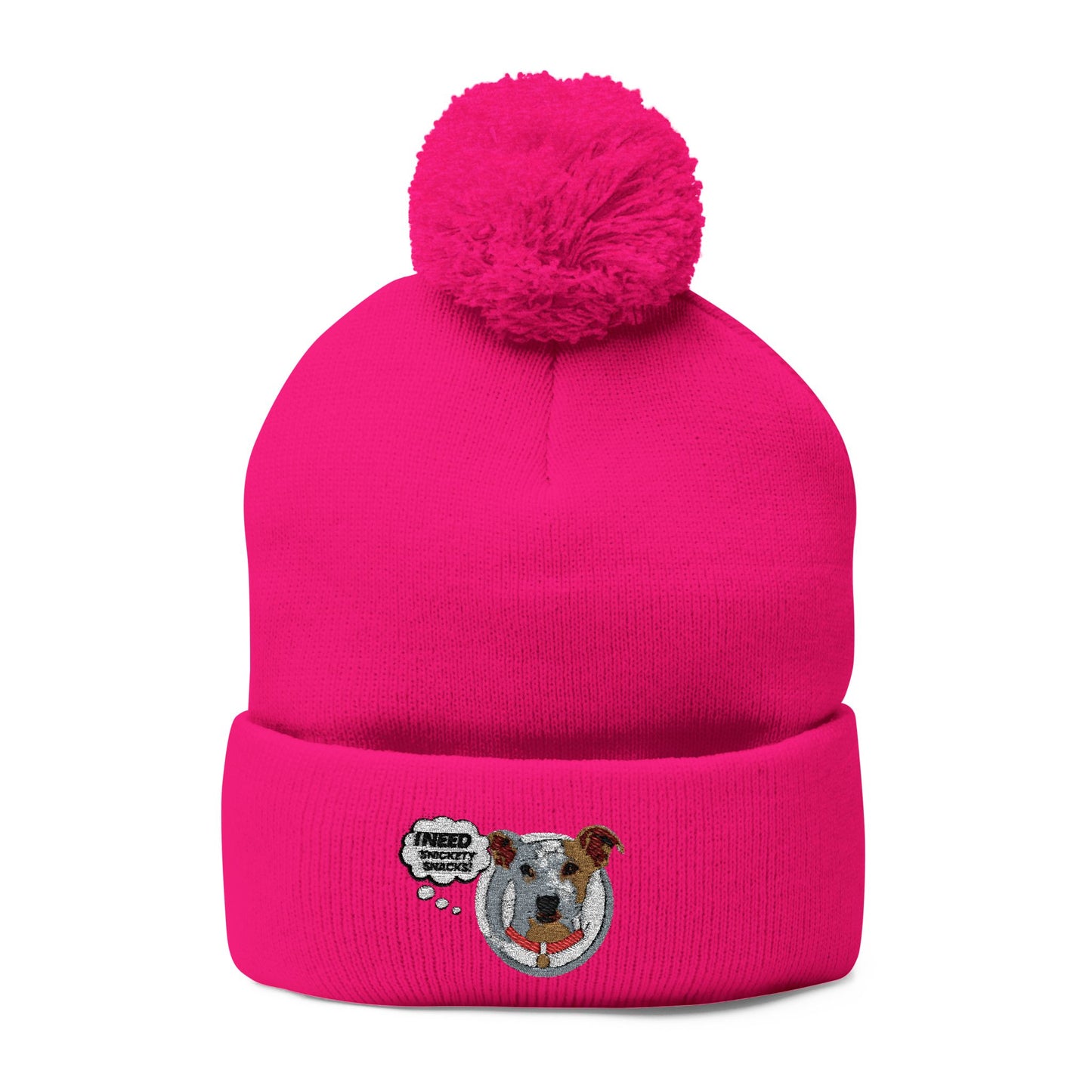 Embroidered Pom-Pom Beanie — Cute Dog Face Knit Cap