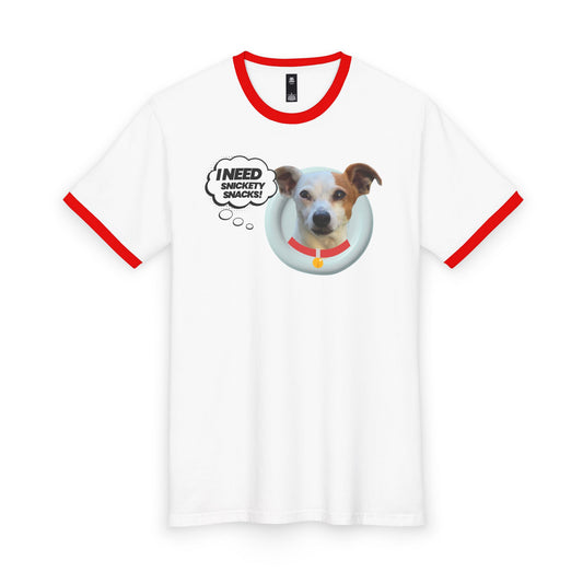 Dog Photo Ringer Tee — "I Need Snacks!" Cute Jack Russell Graphic Shirt