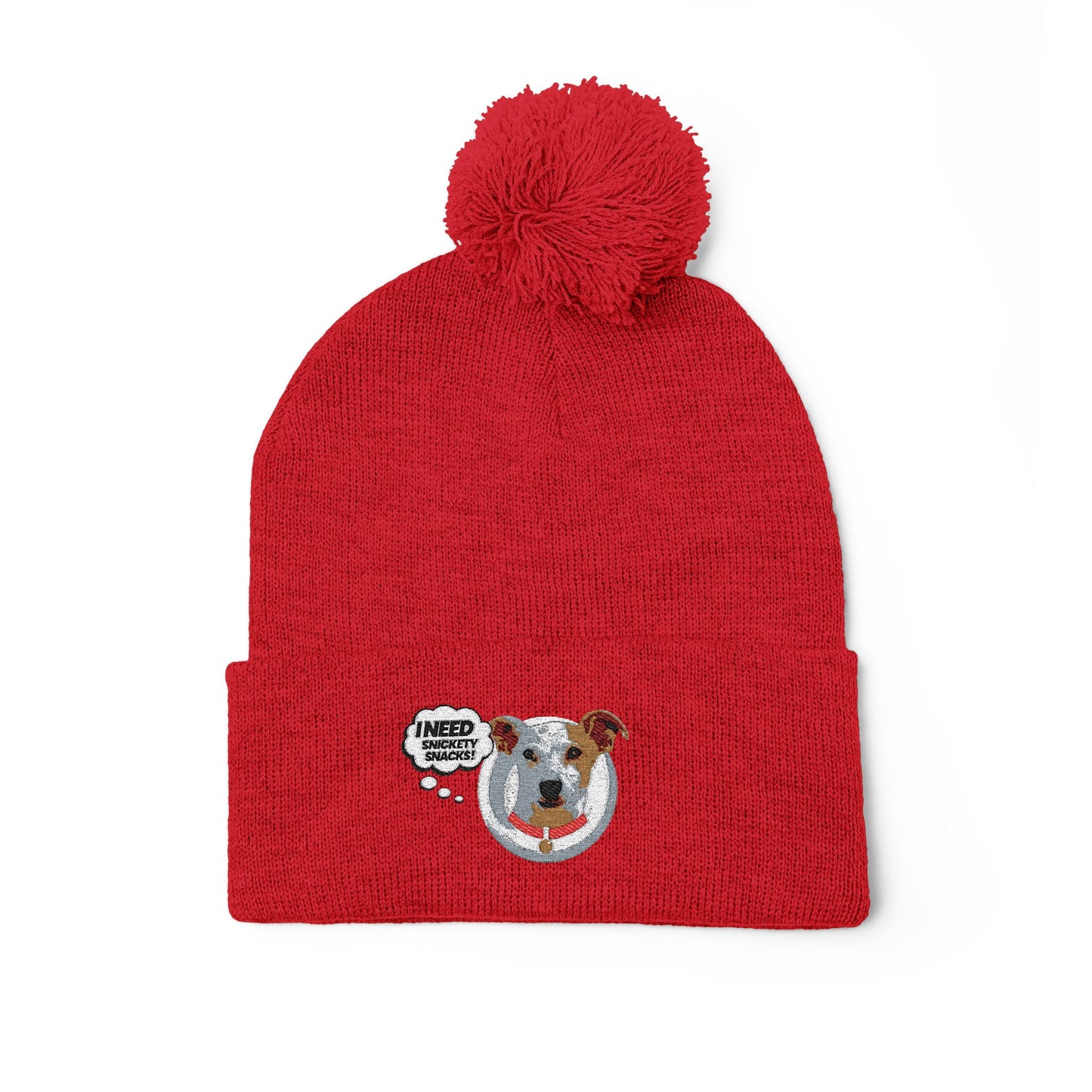 Embroidered Pom-Pom Beanie — Cute Dog Face Knit Cap