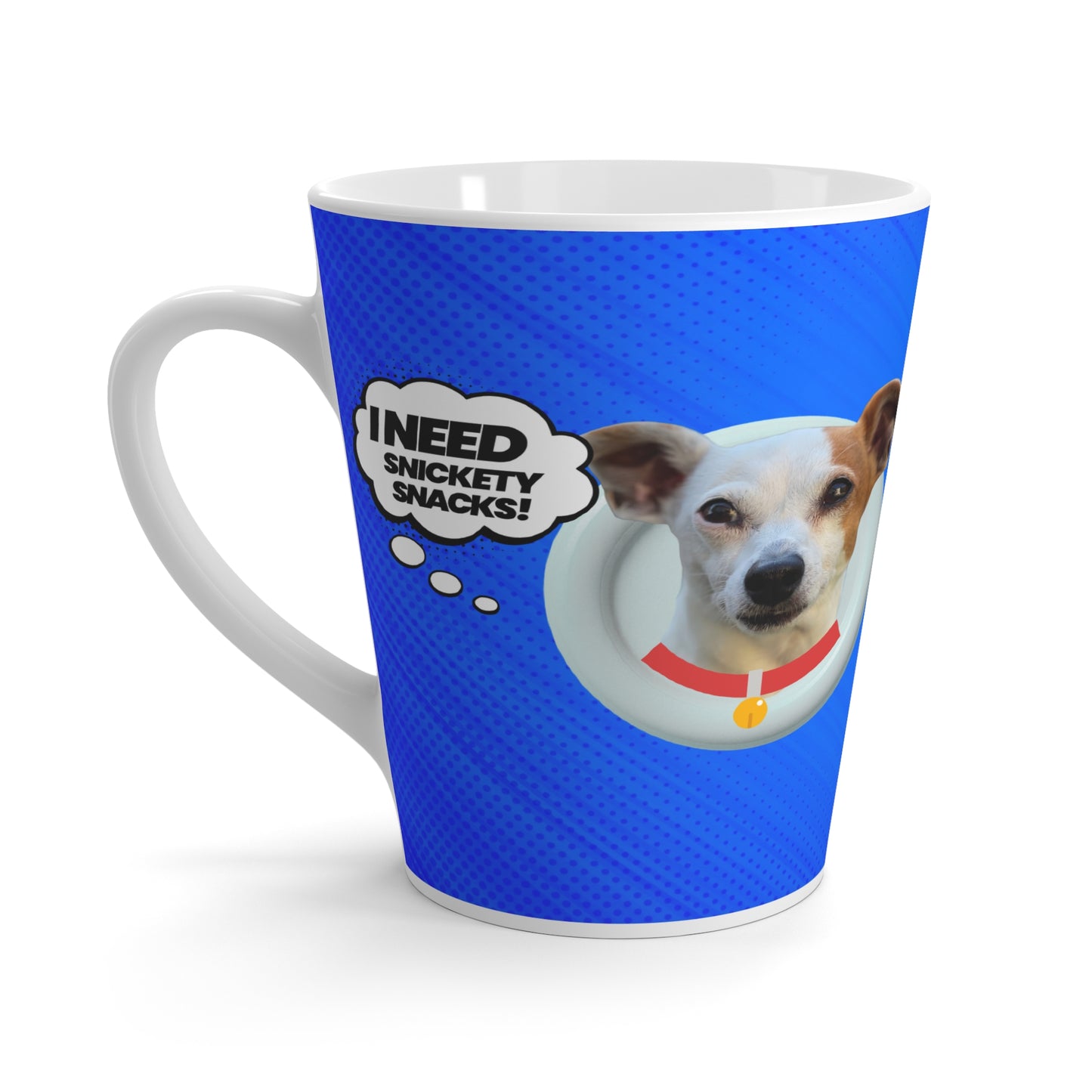 Latte Mug — Cute Dog Comic Design 'I Need Snickety Snacks' Blue Coffee Cup