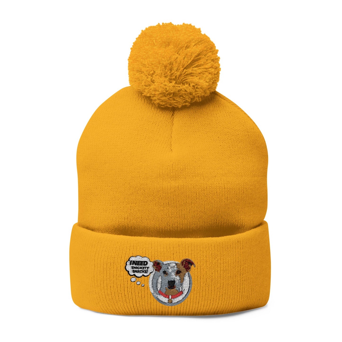 Embroidered Pom-Pom Beanie — Cute Dog Face Knit Cap
