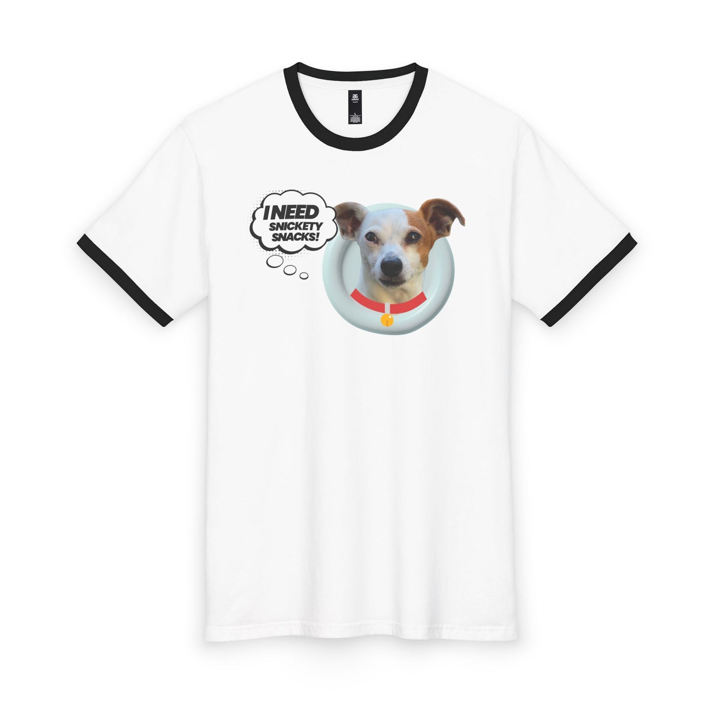 Dog Photo Ringer Tee — "I Need Snacks!" Cute Jack Russell Graphic Shirt