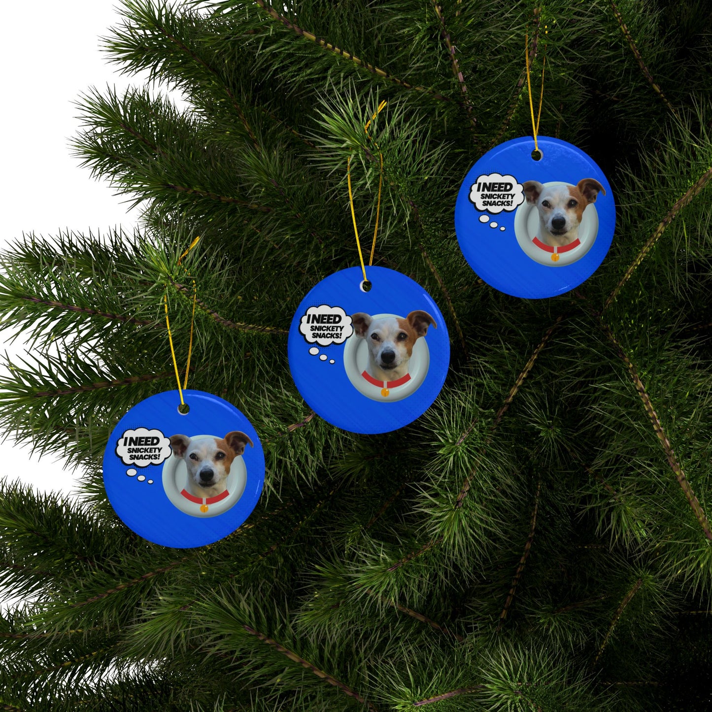Dog Photo Ceramic Ornament — "I Need Snickety Snacks!" Holiday Pet Keepsake