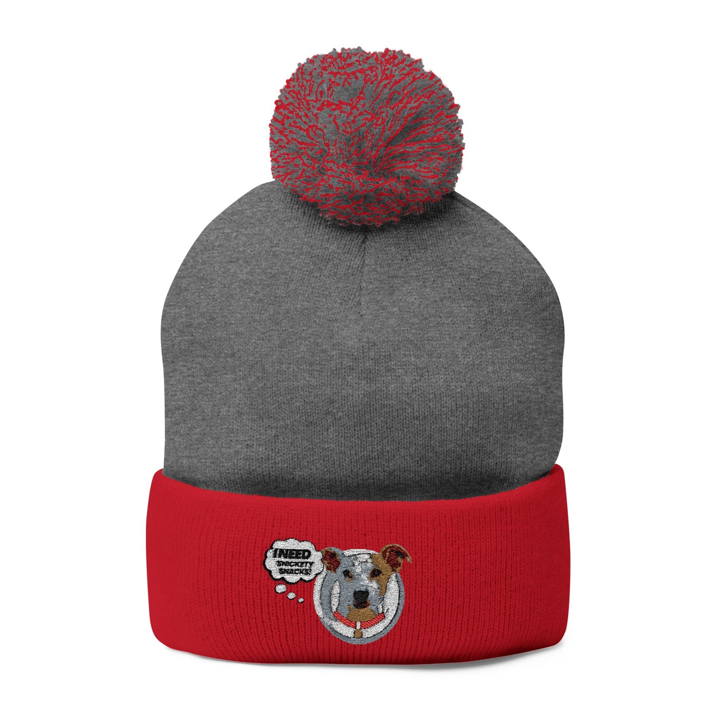 Embroidered Pom-Pom Beanie — Cute Dog Face Knit Cap