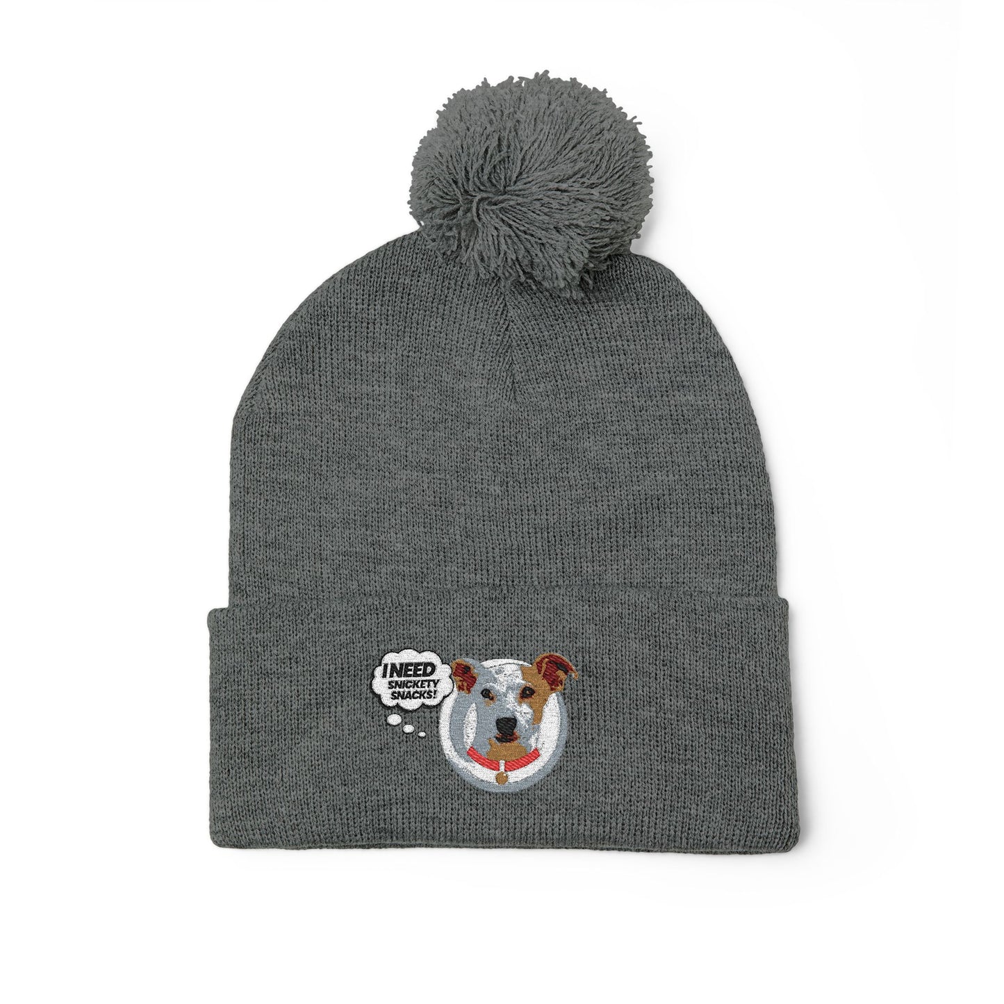 Embroidered Pom-Pom Beanie — Cute Dog Face Knit Cap