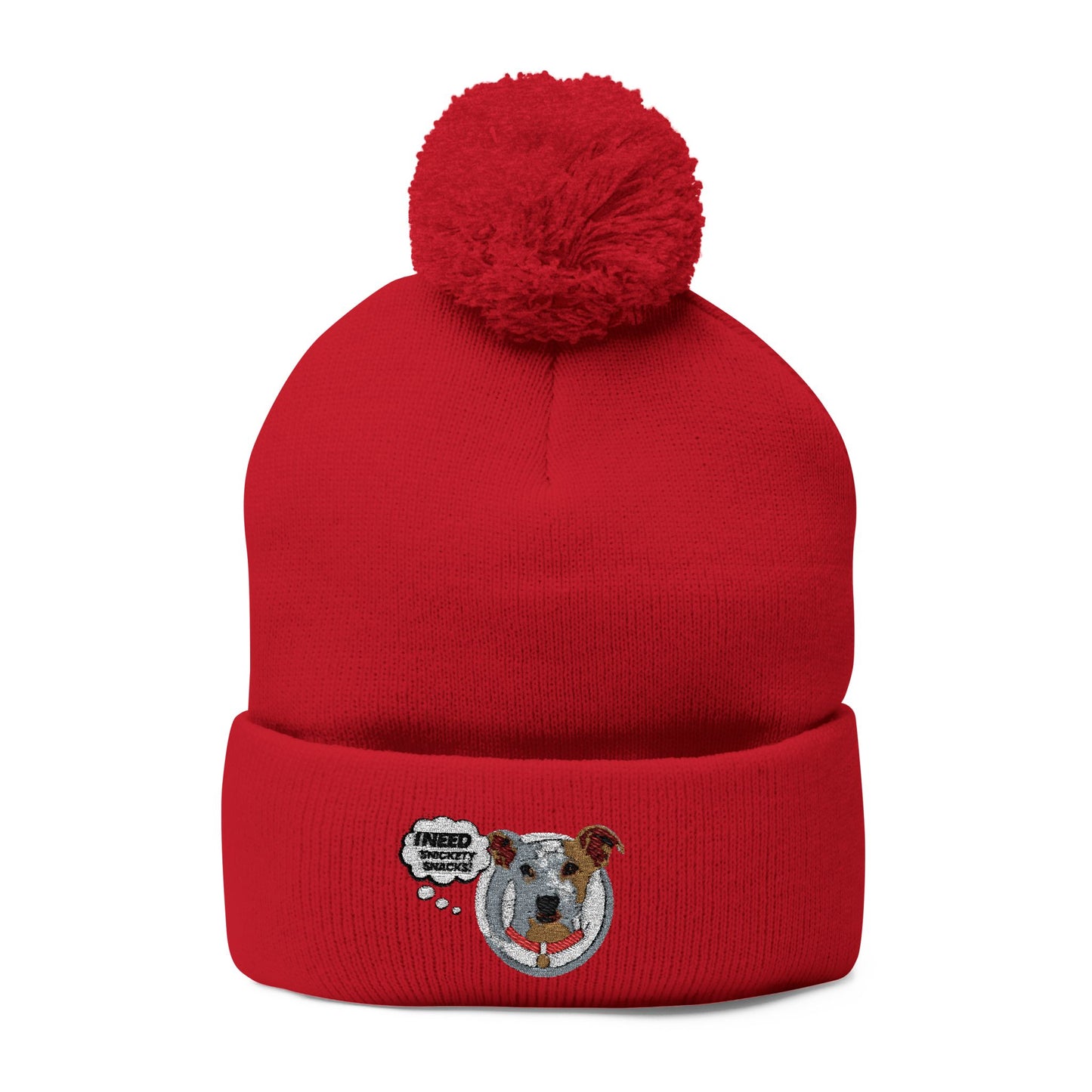 Embroidered Pom-Pom Beanie — Cute Dog Face Knit Cap