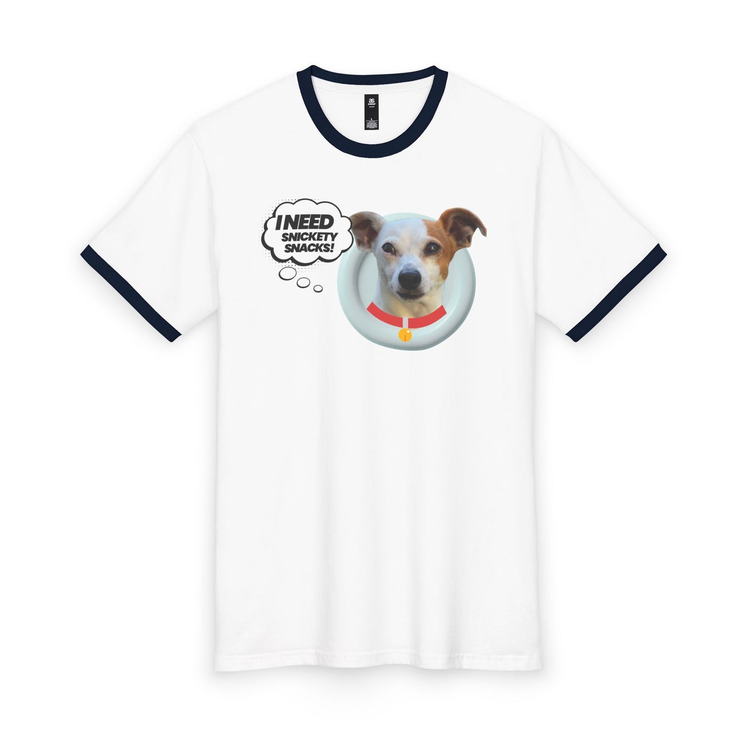 Dog Photo Ringer Tee — "I Need Snacks!" Cute Jack Russell Graphic Shirt