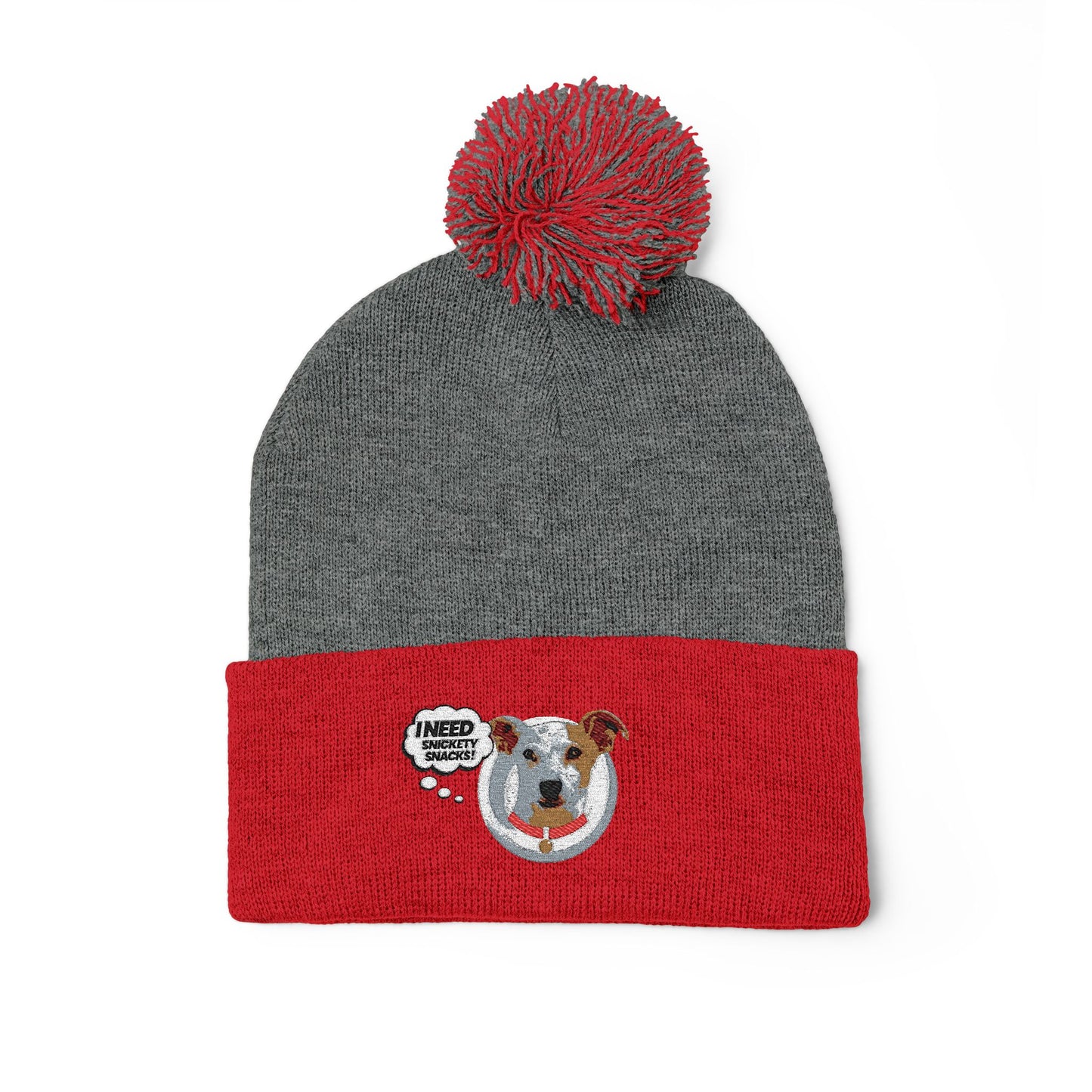 Embroidered Pom-Pom Beanie — Cute Dog Face Knit Cap
